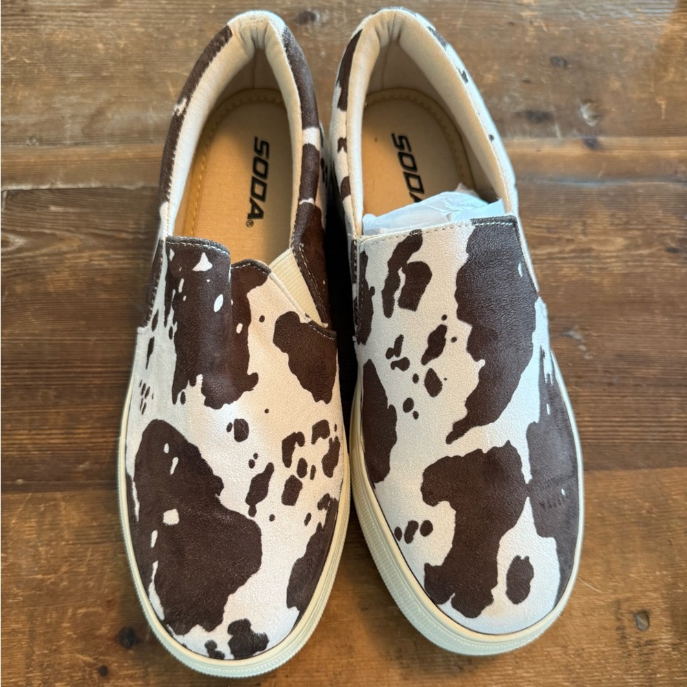 Soda womens Cow Print Slip-On Sneakers